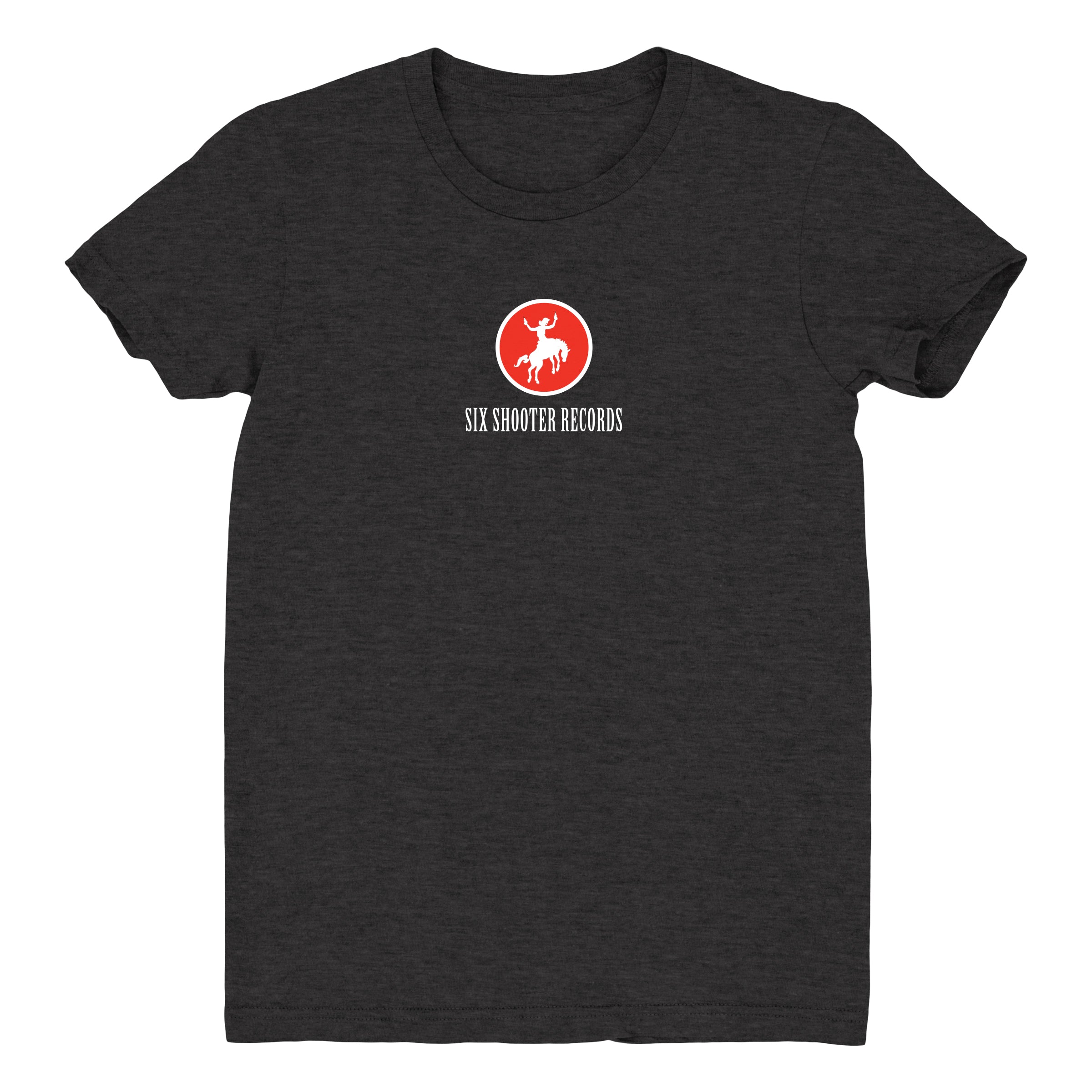 front side of six shooter records women's shirt with official logo and text.